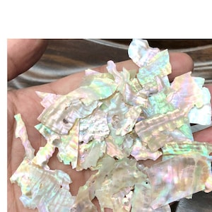 May include: A pile of iridescent white and pink mother of pearl shell flakes. The flakes are various sizes and shapes.