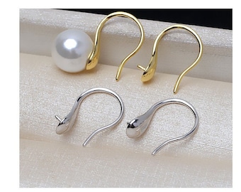 Solid Sterling Silver,  Gold Earring Findings, Solid 925 Sterling Ear Hooks, Half Drilled Pearl Mounts, Pearl Earring Settings SB916
