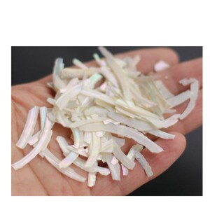 May include: A pile of iridescent white mother of pearl shell flakes. The flakes are long and thin, and they have a pearly sheen.