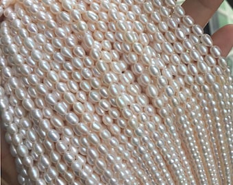 4-5mm  White Oval Freshwater Pearls, High Luster, AA White Pinkish Rice Pearl,Full Strand,Freshwater Pearl Rice Beads PB726