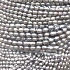5-6mm pearls, Gray pearls strand, rice pearls, genuine freshwater pearls, craft supplies, wholesale, long pearls