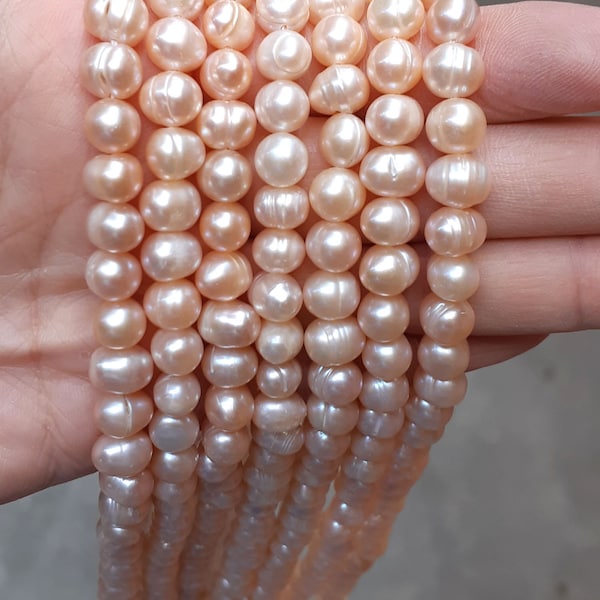 7-8mm freshwater pearl, beads,  loose, peach pearl, pink pearls, fully drilled, potato pearls 14.5"