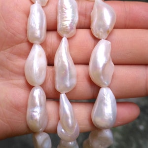 Perlas largas de 8-12 x 13-20 mm, perlas de agua dulce auténticas blancas perforadas a lo largo, tira de perlas barrocas con forma de pepita, perlas gruesas, PB1661
