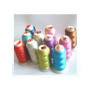 Puede incluir: Doce carretes de hilo de bordar en varios colores, incluyendo rojo, blanco, azul, verde, amarillo, rosa, morado y marrón. Cada carrete está etiquetado con un número del 2 al 12.