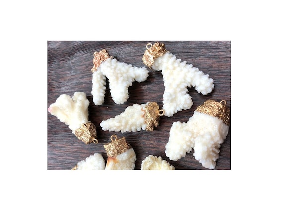 White coral charm, gold color plated, large gemstone pendant, 20-35x33-48mm, SB1634