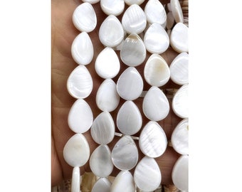 May include: A strand of white teardrop-shaped shell beads. The beads have a pearlescent finish and are strung on a white cord.
