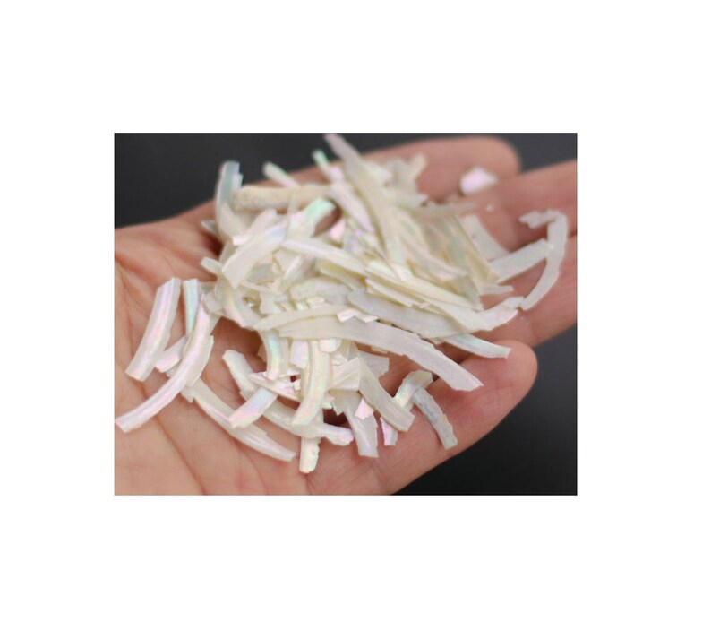 May include: A pile of iridescent white mother of pearl shell flakes. The flakes are long and thin, and they have a pearly sheen.