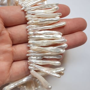 Perlas de agua dulce en barra, Perlas de agua dulce genuinas, Perlas en barra súper largas, AA, Perlas irregulares, Perlas de 4-5 mm x 28-38 mm, Perforadas en la parte superior