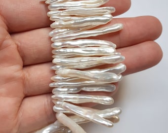 Perlas de agua dulce en barra, Perlas de agua dulce genuinas, Perlas en barra súper largas, AA, Perlas irregulares, Perlas de 4-5 mm x 28-38 mm, Perforadas en la parte superior