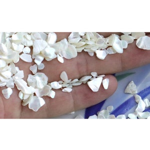 May include: A pile of white iridescent shell pieces, some are heart shaped, others are irregular, and some are triangular. The shell pieces are scattered on a hand.