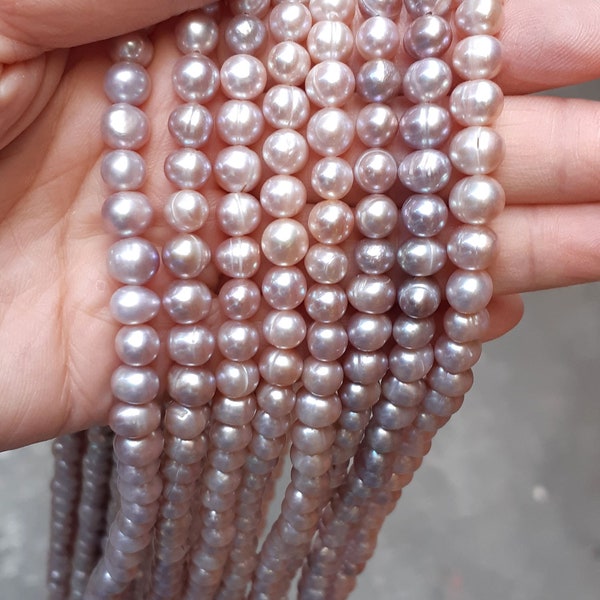 7-8mm Genuine freshwater pearls, pink lavender, loose pearl strand, wholesale, natural oval pearls, 14.5 inch