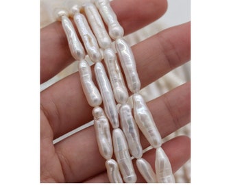 5-9X20-30mm Biwa pearl, long drilled stick pearls, natural white biwa freshwater pearl, real cultured pearl beads strand, high luster PB1059