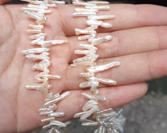 White Biwa Keishi stick pearls, sided drilled, freshwater stick pearl pendant 8-22mm, spike freshwater pearl, 115 beads