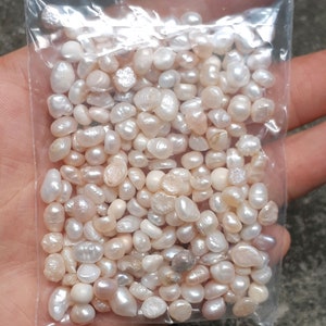 Op de afbeelding: Een plastic zakje gevuld met ongeveer 30 gram kleine, witte en crèmekleurige zoetwaterparels. De parels zijn onregelmatig van vorm en grootte.