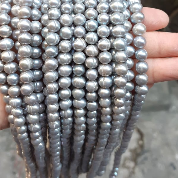 7-8mm silver pearls, freshwater pearl, beads,  loose, gray pearls, potato pearls strand 14.5"