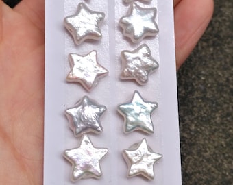 1 Pair 11-13mm Rare Natural White Color Five Pointed Star Pearl Pair, Undrilled/Half Drilled Lustrous Natural Freshwater Pearls PB1831