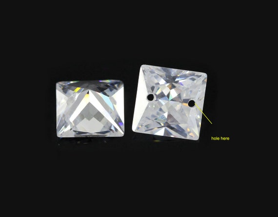 Double Hole Gemstone, Drilled, Princess Cut Cubic Zirconia, Clear