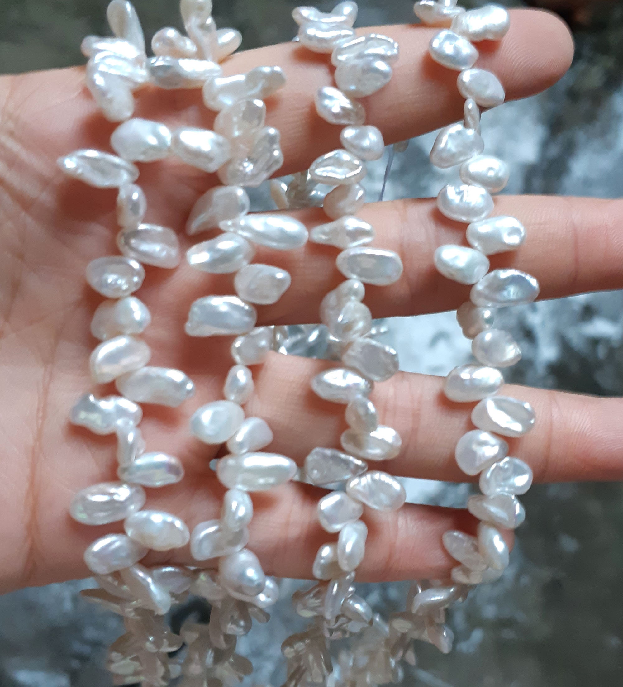 6-8mm Long Keshi Pearl, Side Drilled, White Pearl Strand