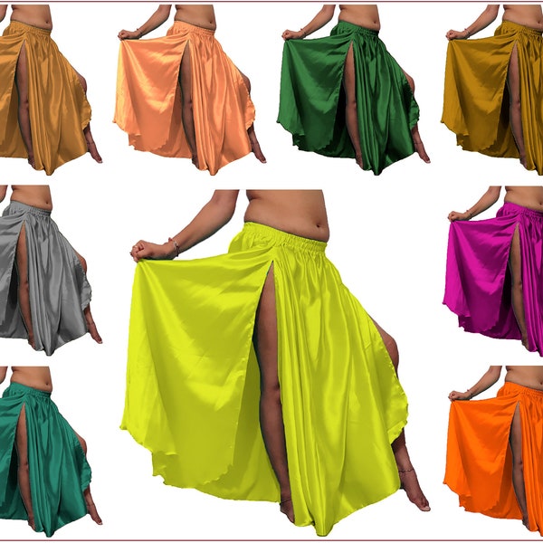 Satin Two Side Cut/Slit Skirt Women's Belly Dancing Skirt Dancewear Costumes for Women and Girls Full Circle Satin Skirts Long Opening Skirt