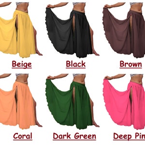 Puede incluir: Una colecci&oacute;n de seis faldas largas y fluidas con una abertura lateral alta, mostradas en beige, negro, marr&oacute;n, coral, verde oscuro y rosa intenso. Cada falda presenta una cintura ancha fruncida y un dobladillo acampanado.