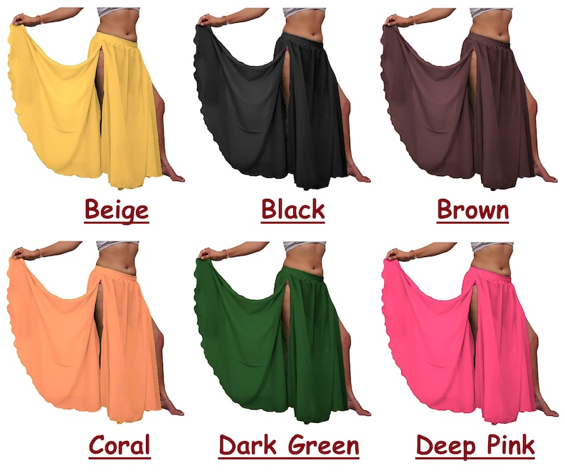 Puede incluir: Una colecci&oacute;n de seis faldas largas y fluidas con una abertura lateral alta, mostradas en beige, negro, marr&oacute;n, coral, verde oscuro y rosa intenso. Cada falda presenta una cintura ancha fruncida y un dobladillo acampanado.