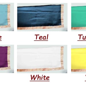 May include: Six fabric swatches with gold trim, showing the colors sky blue, teal, turquoise, violet, white, and yellow.