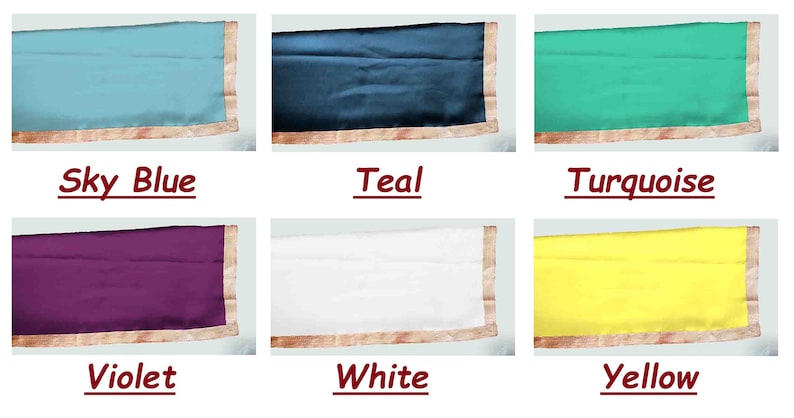 May include: Six fabric swatches with gold trim, showing the colors sky blue, teal, turquoise, violet, white, and yellow.