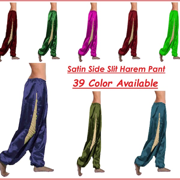 Satin 2 Side Slit Harem Yoga Pant Aladdin Platoons Belly Dancing BOHO Harem Pant with Elastic Waist Band