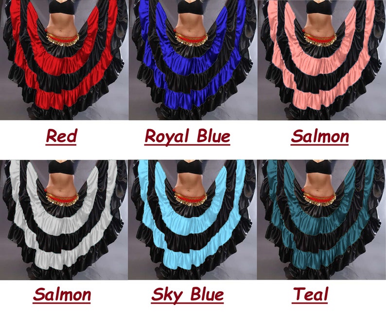 May include: Six different colors of a layered, ruffled skirt. The skirt is black with a layer of red, royal blue, salmon, white, sky blue, and teal fabric. The skirt is worn by a person with a black top and a gold belt.