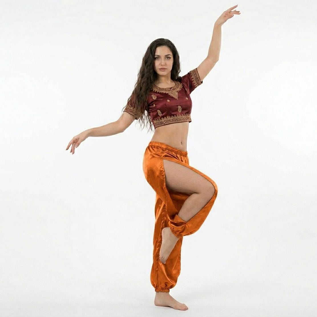 Satin Harem Yoga Pants: Two Side Slit Aladdin Trousers