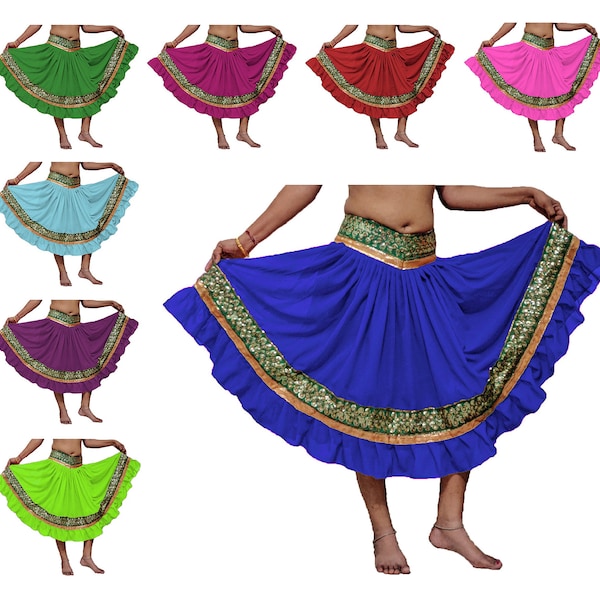 Bollywood Dancing Chimki Work Lace Border Embroidered Chiffon Skirt Belly Dancing Tribal Costume