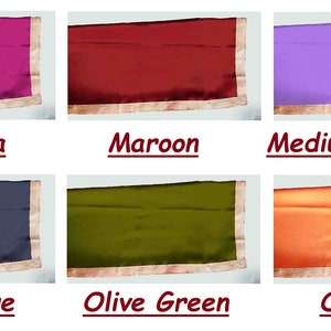 May include: Six fabric swatches with a gold trim. The swatches are in the colors magenta, maroon, medium purple, navy blue, olive green, and orange.
