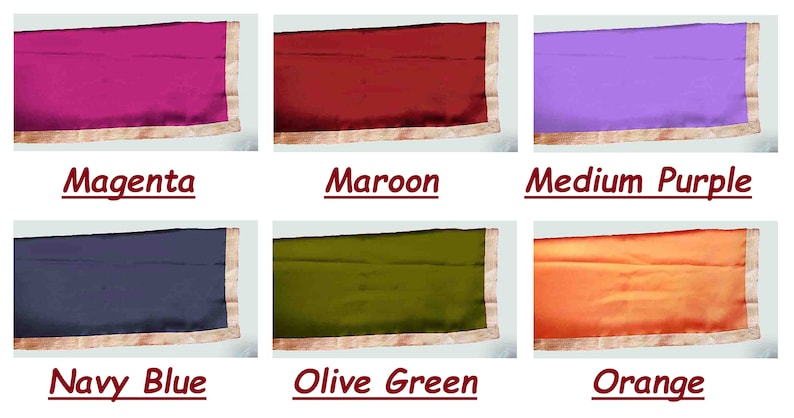 May include: Six fabric swatches with a gold trim. The swatches are in the colors magenta, maroon, medium purple, navy blue, olive green, and orange.