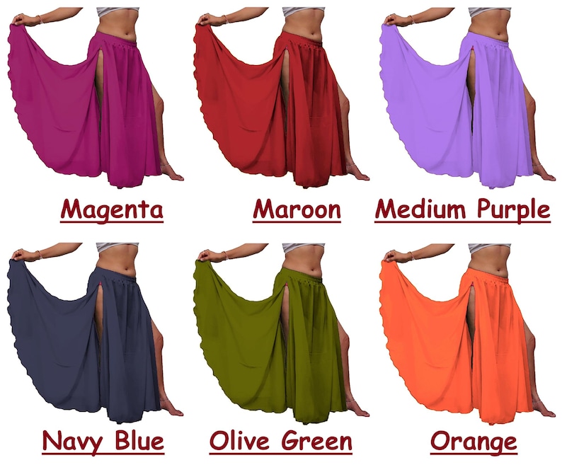 Puede incluir: Una colecci&oacute;n de seis faldas largas y fluidas con aberturas laterales altas, cada una en un color s&oacute;lido diferente: magenta, granate, morado medio, azul marino, verde oliva y naranja. Cada falda presenta una cintura ancha y fruncida.