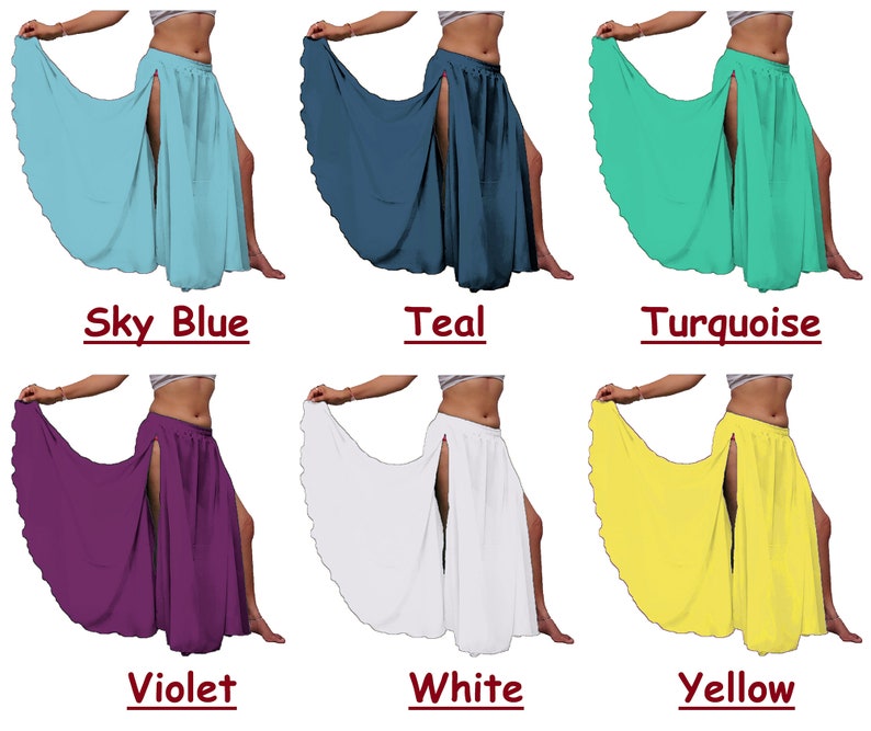 Puede incluir: Una colecci&oacute;n de seis faldas largas y fluidas con aberturas laterales altas, mostradas en azul cielo, verde azulado, turquesa, violeta, blanco y amarillo. Cada falda cuenta con una cintura el&aacute;stica y un dobladillo acampanado, presentadas con sus etiquetas de color.