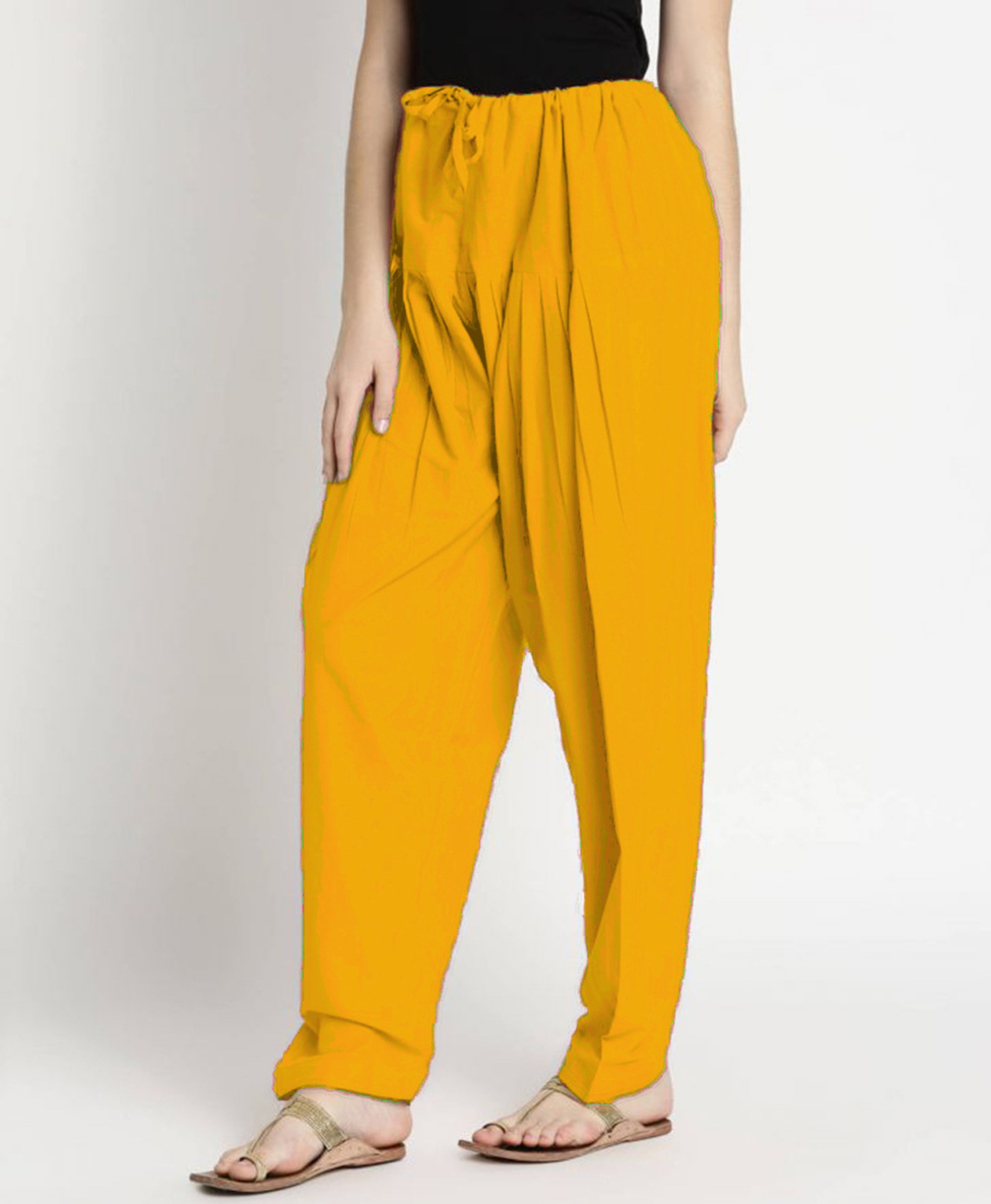 Women's Golden Yellow Patiala Pants - Cotton Spandex Ethnic Bottom With Pleats