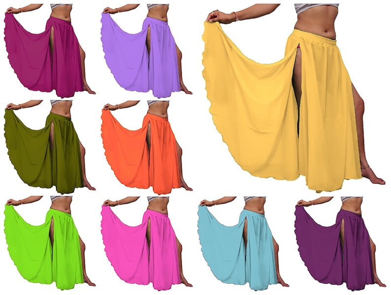 Puede incluir: Una colecci&oacute;n de nueve faldas largas y fluidas en varios colores s&oacute;lidos, incluyendo magenta, lavanda, amarillo, verde oliva, naranja, verde lima, rosa fuerte, azul claro y morado oscuro, cada una con una abertura lateral y cintura el&aacute;stica.