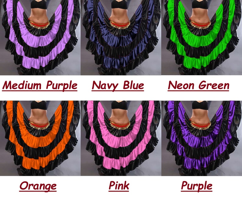 May include: Six different colors of a layered, ruffled skirt with a black waistband. The colors are medium purple, navy blue, neon green, orange, pink, and purple.