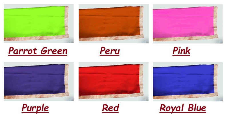 May include: Six fabric swatches in different colors: parrot green, peru, pink, purple, red, and royal blue. Each swatch has a gold trim.