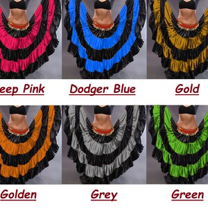 May include: Six different colors of a layered, ruffled skirt. The skirt is black with a contrasting color on the bottom layer. The colors are deep pink, dodger blue, gold, golden, grey, and green.