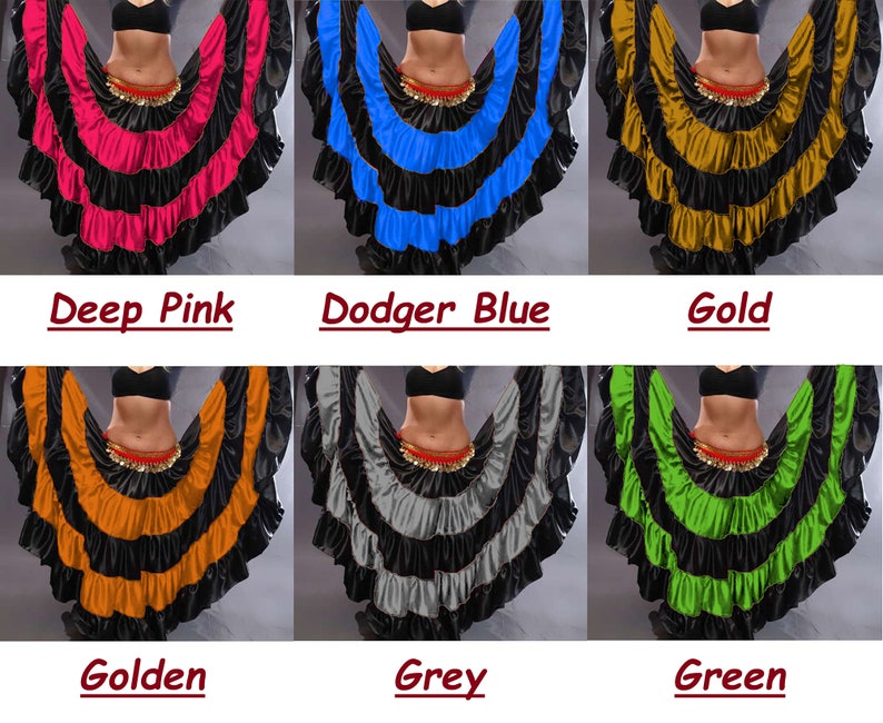 May include: Six different colors of a layered, ruffled skirt. The skirt is black with a contrasting color on the bottom layer. The colors are deep pink, dodger blue, gold, golden, grey, and green.