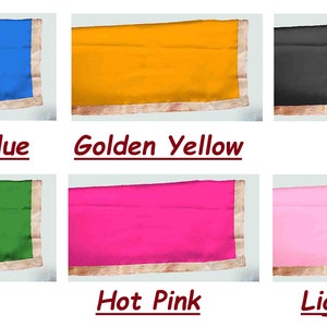 May include: Six fabric swatches in different colors: Dodger Blue, Golden Yellow, Gray, Green, Hot Pink, and Light Pink. Each swatch has a gold trim around the edges.