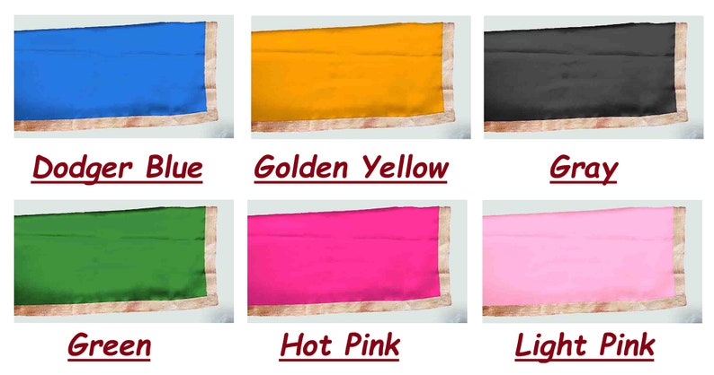 May include: Six fabric swatches in different colors: Dodger Blue, Golden Yellow, Gray, Green, Hot Pink, and Light Pink. Each swatch has a gold trim around the edges.