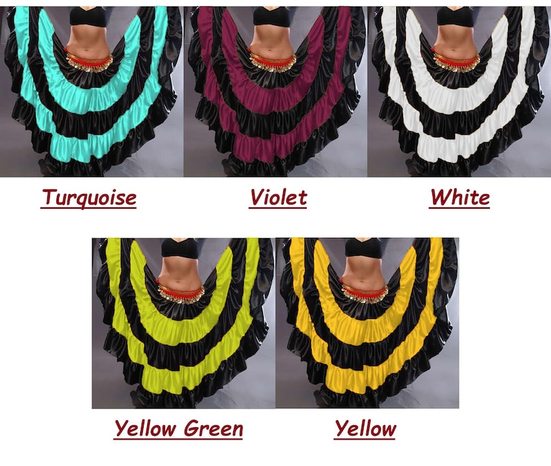 May include: Five different colors of a layered dance skirt. The skirt is black with a layer of turquoise, violet, white, yellow green, and yellow fabric. The skirt is worn by a person with a black top and a gold belt.