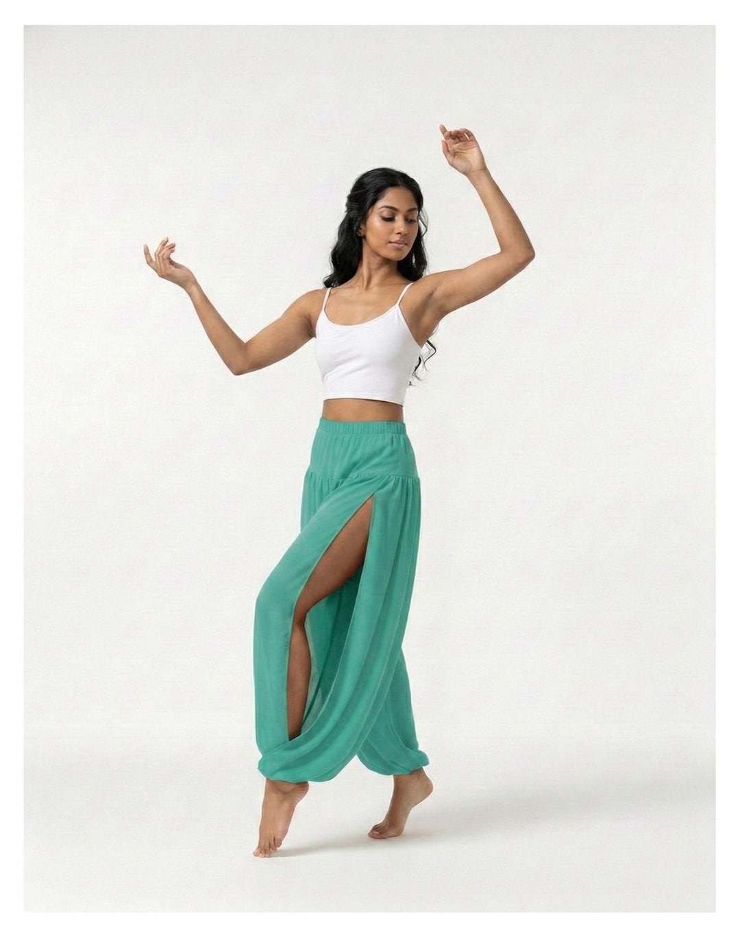 Women Baggy Side Slit Harem Plated Pant Chiffon Belly Dance