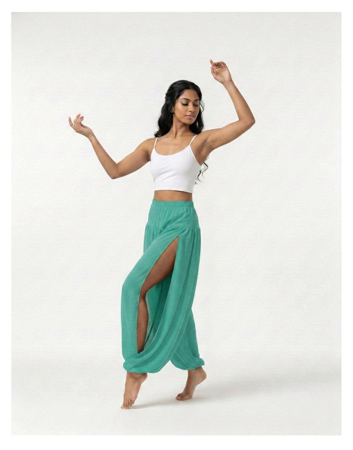 Women Baggy Side Slit Harem Plated Pant Chiffon Belly Dance