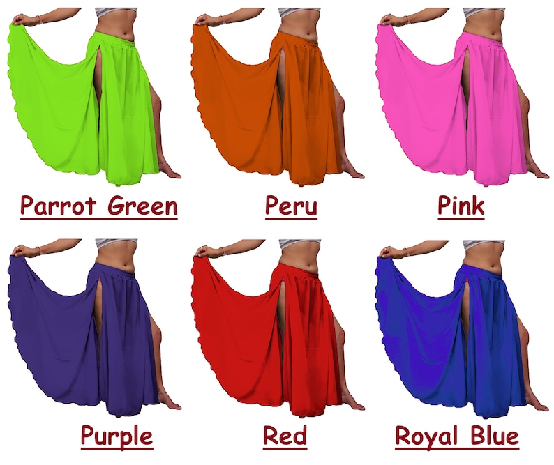 Puede incluir: Una colecci&oacute;n de seis faldas largas con aberturas laterales altas, cada una en un color s&oacute;lido diferente: verde loro, per&uacute;, rosa, morado, rojo y azul real. Cada falda presenta un dobladillo ancho y fluido y una cintura el&aacute;stica.