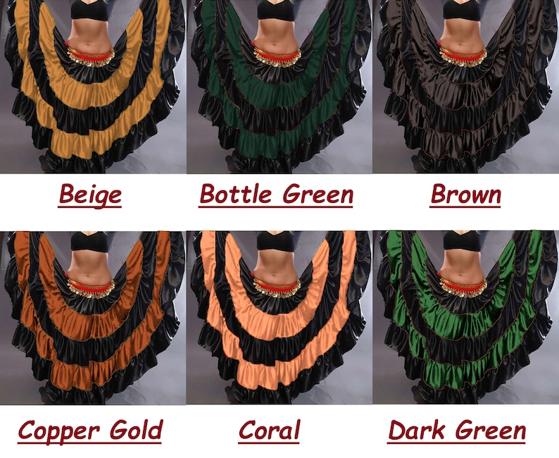 May include: Six different colors of a layered, ruffled dance skirt. The skirt is black with a contrasting color on the bottom layer. The colors are beige, bottle green, brown, copper gold, coral, and dark green.
