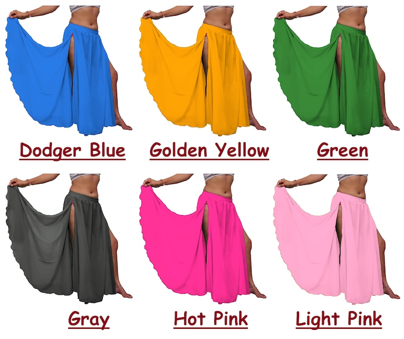 Puede incluir: Una colecci&oacute;n de seis faldas largas y fluidas con una abertura lateral alta, mostradas en azul dodger, amarillo dorado, verde, gris, rosa intenso y rosa claro. Cada falda cuenta con una cintura el&aacute;stica y un dobladillo ancho.