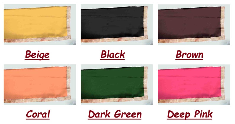 May include: Six fabric swatches in different colors: beige, black, brown, coral, dark green, and deep pink. Each swatch has a gold trim.